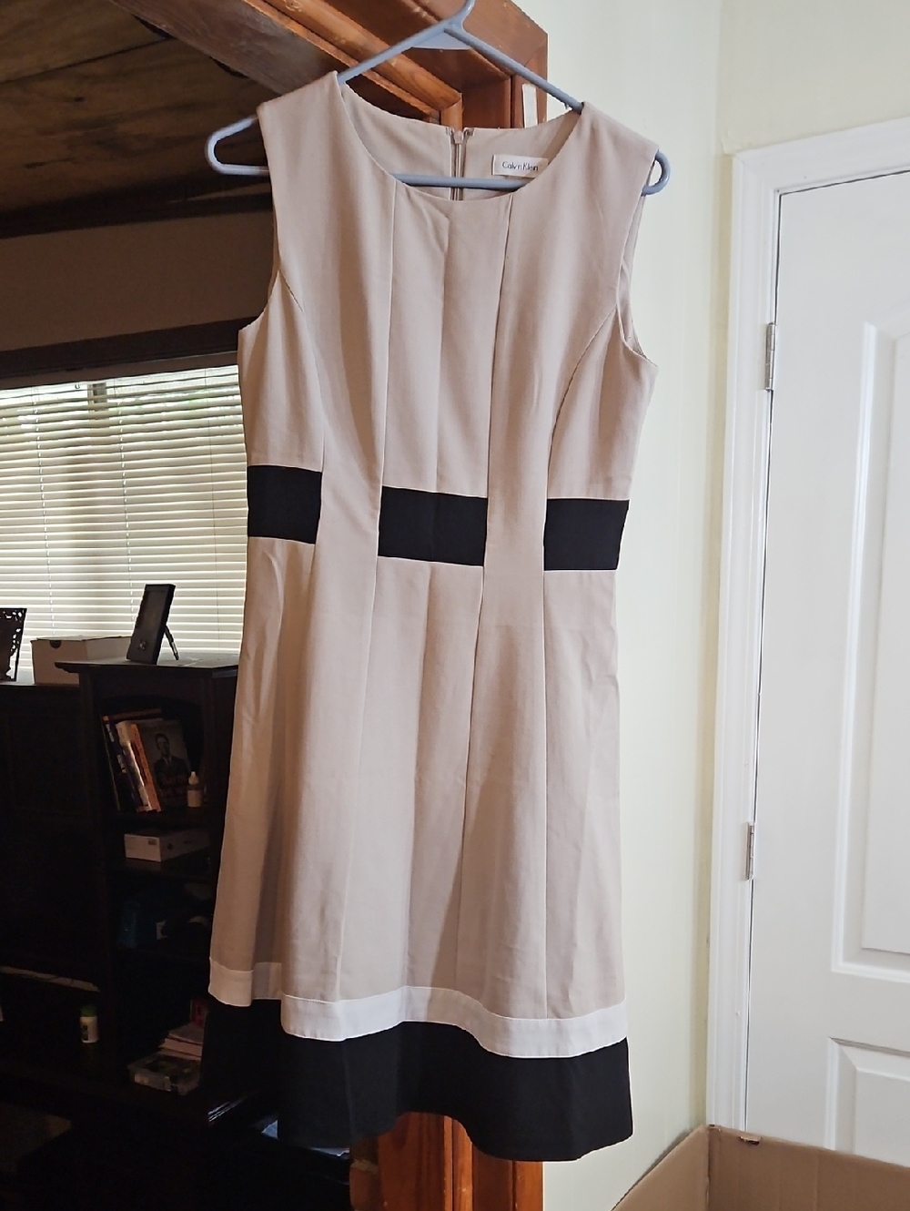 Calvin Klein Beige, Black and White Colorblock Sleeveless Dress